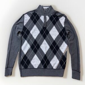 BKE Standard Fit Men's Medium Gray Black White Argyle 1/4 Zip Sweater Preppy